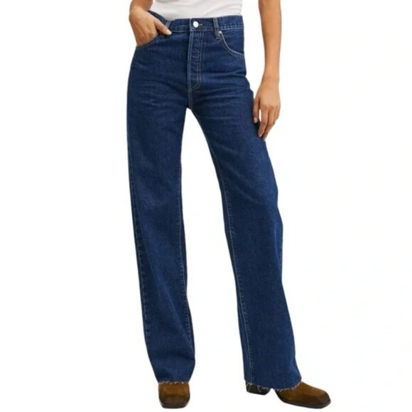 Mango Nora Wide-Leg Blue Denim Button Fly Jeans - Size 14 - Picture 1 of 6